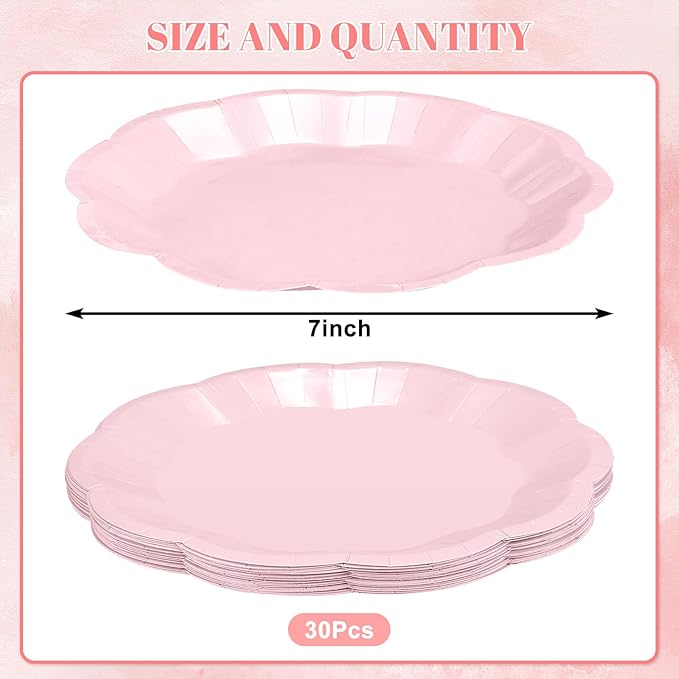 30pcs Pink Plates, 7inch Scalloped Pink Galentines Plates Disposable Pink Valentines Supplies Small Party Plate for Weeding, Valentine's Day, Baby Shower (Pack of 2)