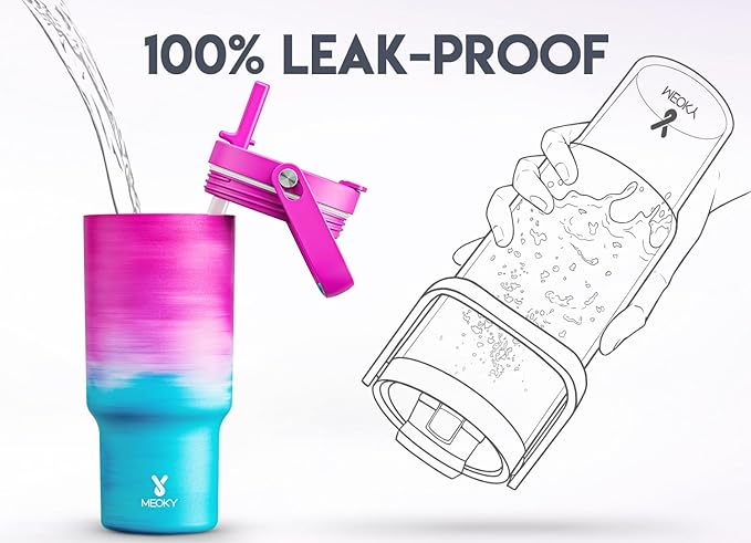 Meoky 32 oz Tumbler with Handle, Tumbler with Lid and Straw, Stainless Steel Travel Mug, 100% Leak Proof, Keeps Cold for 24 Hours, Fits in Car Cup Holder (Marshmallow)