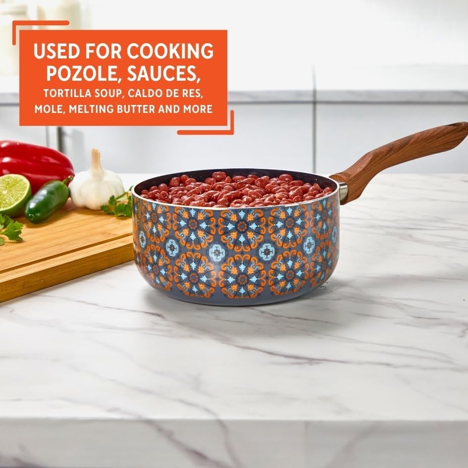 IMUSA 2 Qt Talavera Aluminum Black Ceramic Saucepan with Woodlook Handle