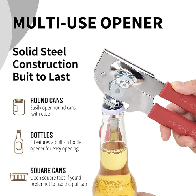 Manual Can Opener with Magnet, Heavy Duty Hand Can and Bottle Opener with Stainless Steel Blade and Rubber Grip, Smooth Cutting Hand Can Openers for Senior, Magnetic Lid Remover Kitchen Tool (Red)