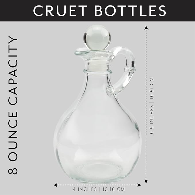 Cornucopia Brands Glass Oil and Vinegar Cruets (Set of 2); 8oz Round Oil Dispensers / Salad Dressing Bottles with Stoppers