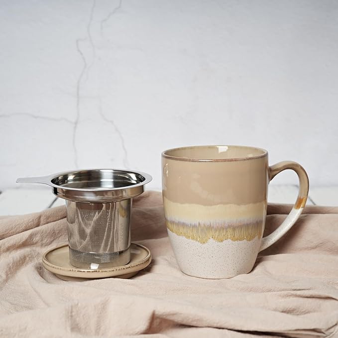 Bosmarlin Ceramic Tea Cup with Infuser and Lid, 16 Oz, 5 Colors to Choose, Dishwasher and Microwave Safe, Reactive Glaze, Steeping Tea Mug with Strainer (Brown Grey)