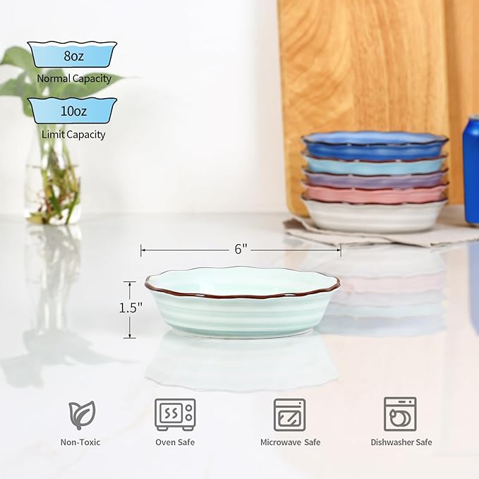 Selamica Ceramic Mini Pie Pans, 6 Inch Pie Dish for Baking, Small Pie Plate with Fluted Edge for Dessert Apple Pie, Oven Safe, Set of 6, Gradient Color