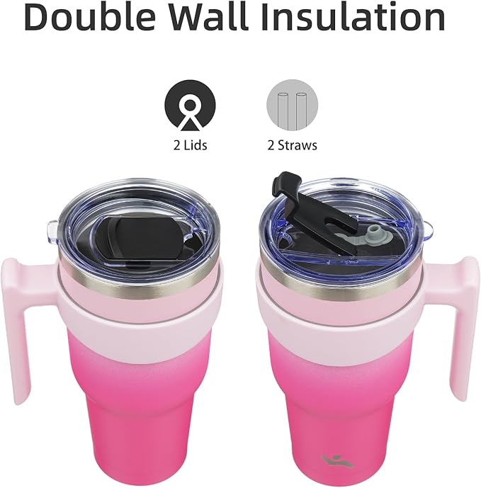 40 oz Tumbler with Handle and 2 Straw 2 Lid, Insulated Water Bottle Stainless Steel Vacuum Cup Reusable Travel Mug, Cherry