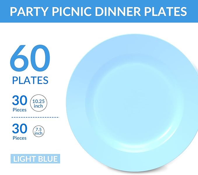 POSATE 60PCS Baby Blue Disposable Plastic Plates, Heavy Duty Plates for Wedding/Party, 30PCS Dinner Plates 10.25’’ and 30PCS Dessert/Salad Plates 7.5’’, Blue Plates for Party Event