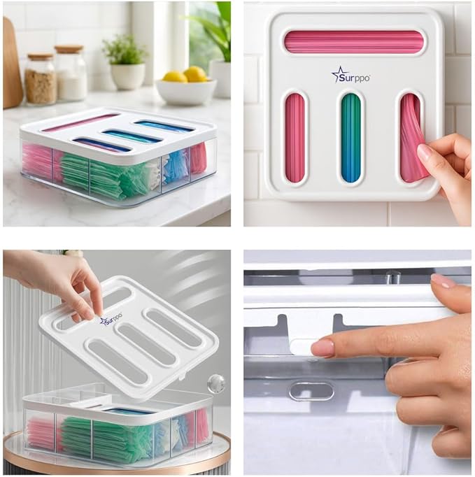 Ziplock Bag Organizer for Drawer | 4 In 1 Plastic Bag Organizer For Gallon, Quart, Sandwich & Snack | Food Bags Dispenser for Kitchen Storage, Wall Mount, Lightweight & Durable
