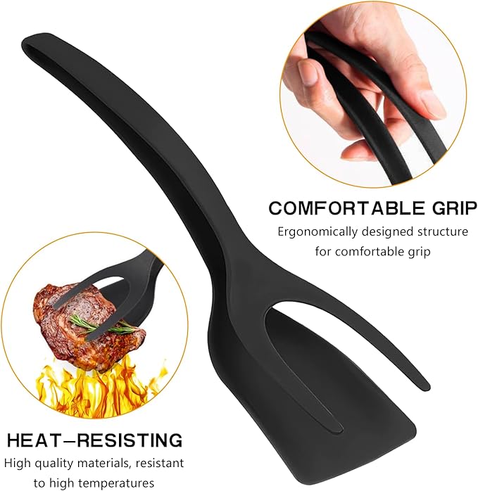 Egg Flipper Spatula Tongs 2 PCS Spatula for Non Stick Frying Pan 2 in 1 Grip & Flip Kitchen Tongs, High Heat Resistant BPA Free Cooking Utensils, Ideal Cookware for Pancakes, Fish, Eggs, Toast (black)