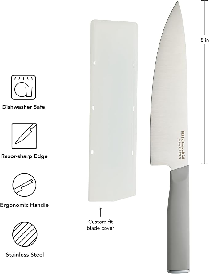 KitchenAid Classic Chef Knife with Custom-Fit Blade Cover, Sharp Kitchen Knife, High-Carbon Japanese Stainless Steel Blade, 8 Inch, Gray