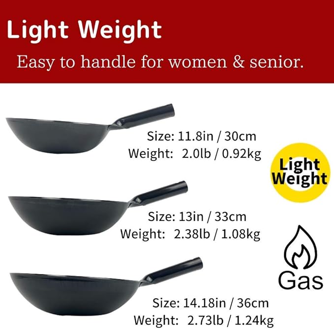[Made in Japan] KOTE2 Light Weight Carbon Steel Wok 14 1/4" 2.73lb(30% less) Gas Fire Round Bottom Carbon Steel Handle No Rivets