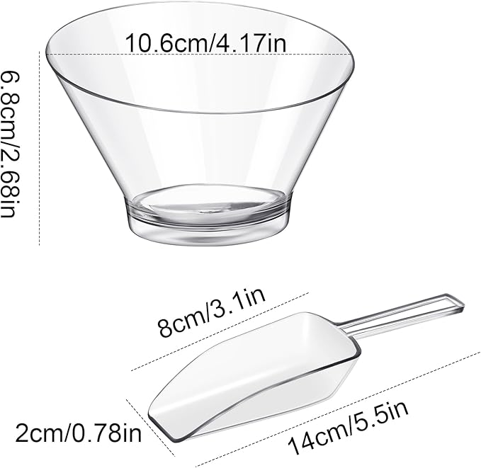 Sawysine 12 Pcs Plastic Clear Serving Bowls with Kitchen Plastic Scoops Salad Serving Bowls Popcorn Scoops Angled Candy Container for Salad Cooking Parties, 210 ml