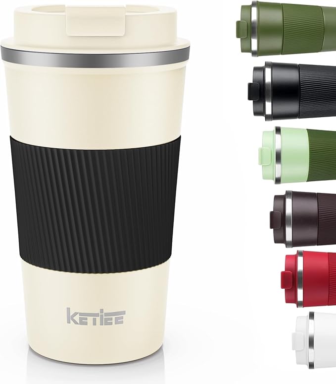 KETIEE 12oz Travel Mug: Vacuum Insulated Coffee Cup with Leakproof Lid, Travel Coffee Mug Stainless Steel Double Walled Reusable Coffee Cup for Hot and Cold Water Tea (Beige)