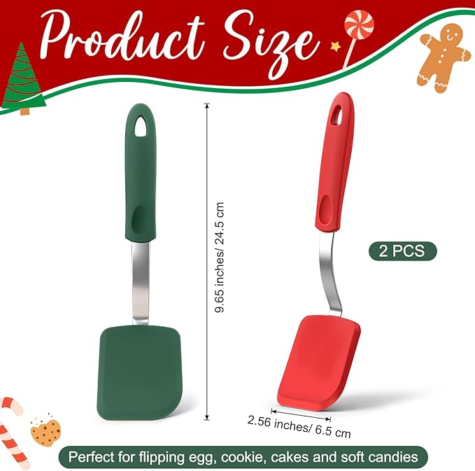 Silicone Cookie Spatula Turner 2 Pack Mini Brownie Spatula Flexible Kitchen Small Silicone Turner for Nonstick Cookware Heat Resistant No Scratch Flipper for Egg Pancake(Red, Green)
