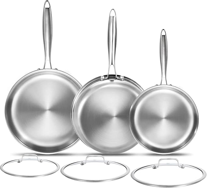 DELARLO Tri-Ply Stainless Steel Pan, 18/10 Frying Pan, Oven Safe Up to 600°F, Nontoxic Cookware, Compatible with All Cooktops Skillet, Durable, Fast Even Heat Fry Pan,8" 10" 12" with lids
