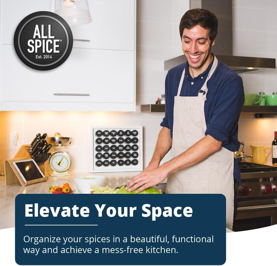 AllSpice Spice Rack Organizer, Wood, 525 Unique Labels, Countertop or Wall Mount, Includes 60 4oz Jars- Matte White