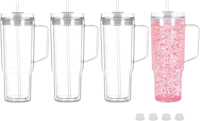 40 Oz Acrylic Snowglobe Tumbler with Handle, 4 Pack Pre-Drilled Double Wall Acrylic Clear Cup Tumbler for Glitter Snow Globe Diy