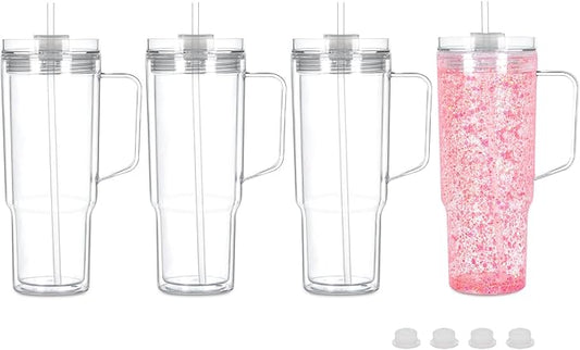 40 Oz Acrylic Snowglobe Tumbler with Handle, 4 Pack Pre-Drilled Double Wall Acrylic Clear Cup Tumbler for Glitter Snow Globe Diy