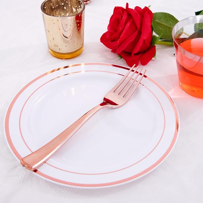 WDF 300 Pieces Rose Gold Plastic Silverware- Disposable Flatware Set - Heavy Duty Plastic Cutlery Includes 100 Forks, 100 Spoons, 100 Knives Perfect for Wedding, Party,Birthday