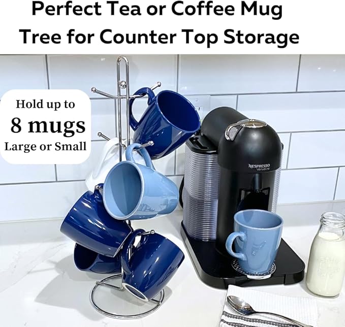 Evelots Coffee Cup Holder for Kitchen Countertop - Tree Hooks Hold 8 Large Mugs - Tea Cup Storage Rack - Sturdy Rust Free Steel - Chrome Finish - Coffee Counter Bar Display, Stand - Come in One Piece