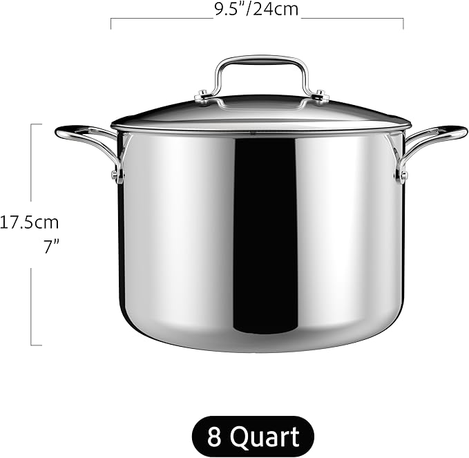 8 Quart Stainless Steel Stock Pot With Glass Lid, 5 Ply Stainless Clad Cookware, Induction Compatible, PTFE, PFAS and PFOA Free