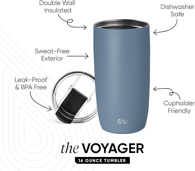 Simple Modern Voyager Tumbler with Flip Lid | Travel Coffee Mug | Insulated Stainless Steel Cold Brew Iced or Hot Coffee Cup | Gifts for Women Men Her Him | 16oz, Blue Dune