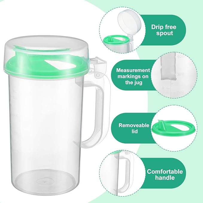 12 Pack Early Learning Kids Easy Pouring Mini Pitchers Clear Plastic Pitcher with Lid and Handle Easy Pour Bottles 16 Oz. Jugs with Lids for Classroom Nursery Home (Light Green)
