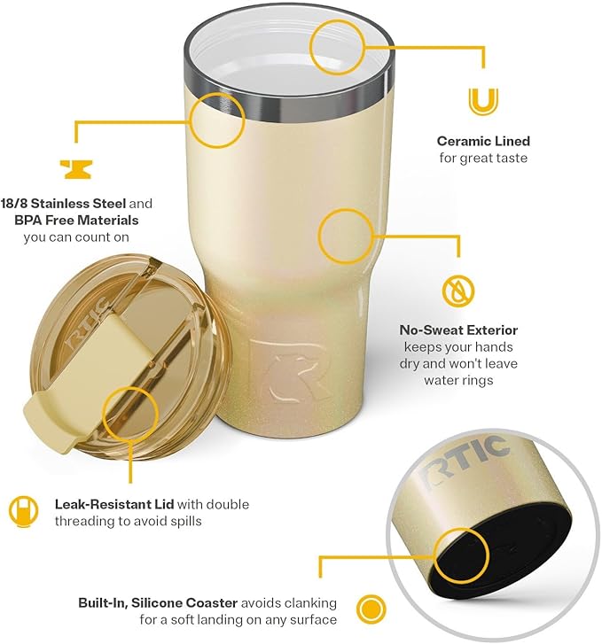 RTIC 20oz Essential Tumbler with Lid, Ceramic Lined, Insulated, Stainless Steel, Metal, Double Wall Vacuum-Insulation, Travel Cup for Iced Coffee, Tea, Hot and Cold Drink, Sunlight Glitter