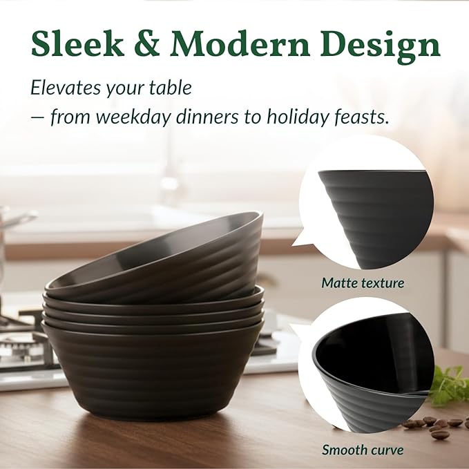 Homienly 6 PCS Large Bowl Set, Lightweight and Unbreakable Wheat Straw Bowls for Salad,Soup,Cereal, Microwave Safe 50 OZ Big Bowls Set, Stackable Kitchen Dining Essentials - Black