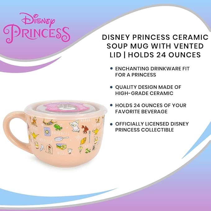 Disney Princess Ceramic Soup Mug with Vented Lid | Bowl For Ice Cream, Cereal, Oatmeal | Large Coffee Cup For Espresso, Caffeine, Beverage | Cute Home & Kitchen Decor Essentials | Holds 24 Ounces