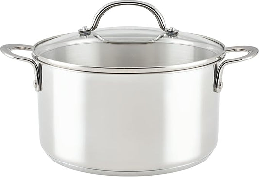 Rachael Ray Professional Stainless Steel Stockpot with Lid, Compatible with All Cooktops, Induction Ready, Dishwasher Safe, 6 Quart Stock Pot - Stainless Steel