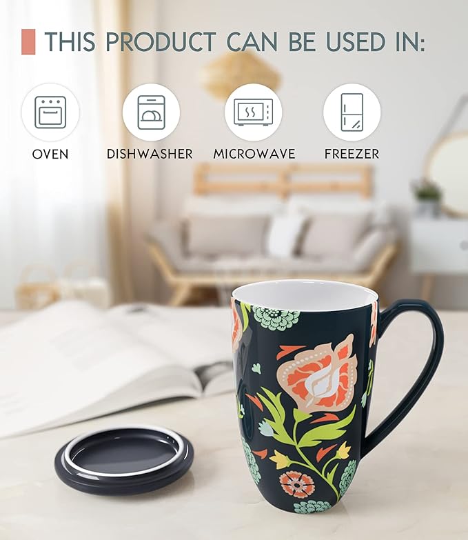Tea Cup with Infuser and Lid Tea Mug with Lid Teaware with Filter Large Capacity 16OZ, Navy blue