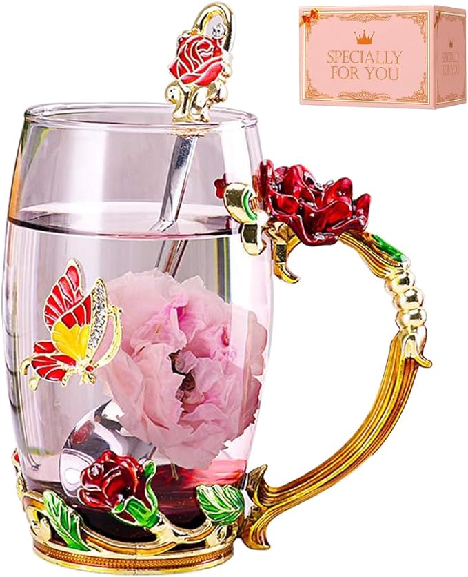 Birthday Gifts For Women,Enamel Butterfly Flower Glass Tea Cup Rose Red Coffee Mug,Cute Gifts For Mom Grandma Women Wife Female Friend on Mothers day Anniversary Christmas Valentines
