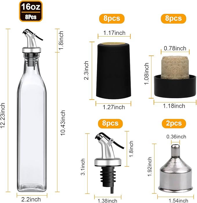 8 Pack 17oz Olive Oil Dispenser Bottle,Oil Dispenser for Kitchen, Cooking Oil Dispenser,Vinegar Cruet Bottle,Clear Cruet with Pourers and Corks