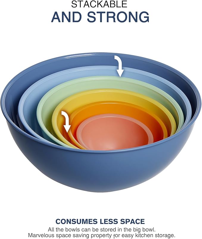 Plastic Mixing Bowls with Lids Set for Kitchen, Nesting Bowls for Mixing, Baking, Prepping, Cooking and Serving Food, Mixing Bowls Dishwasher, Microwave Safe (Light blue)