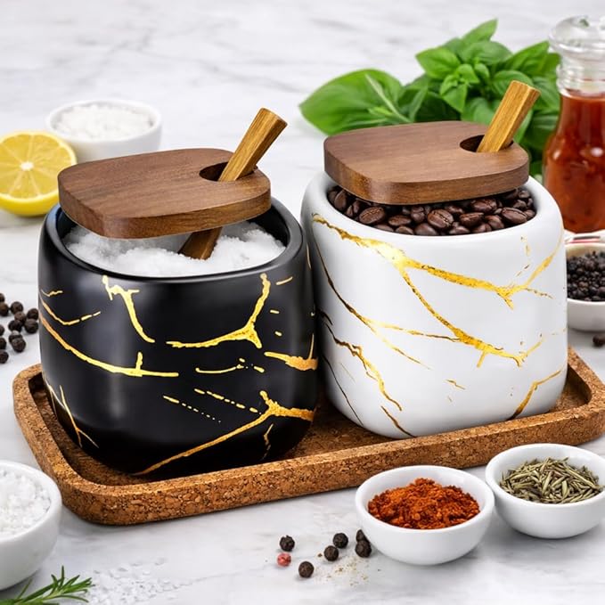 2 Sets of Marble Ceramic Seasoning Jars Ceramic Sugar Bowl with Lids，Tray and Spoons (Black and White)