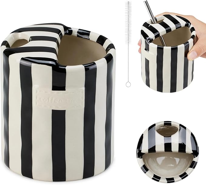 Ceramic Coffee 10oz Mug Hand-Painted Espresso Cup，Retro Ceramic Travel Mug For Kitchen, Dining-Green，Microwave Safe (Black Stripes)