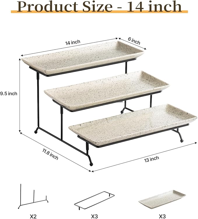 LAUCHUH 3 Tier Serving Trays for Party, 14 inch Porcelain Tiered Tray Stand Serving Platter with Collapsible Sturdier Rack Serving Dishes for Mother's Day Entertaining, Speckled Glaze