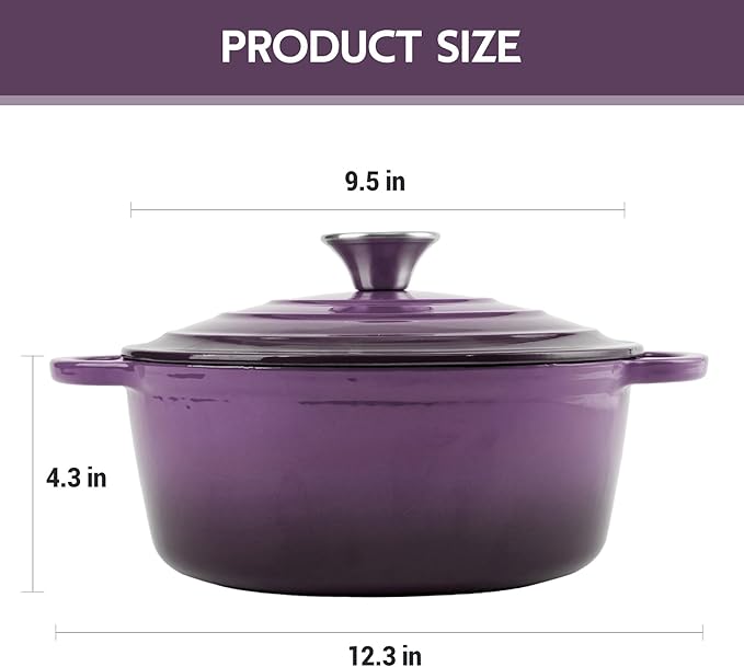 4 Quart Dutch Oven Enameled Cast Iron with Lid - Big Dual Handles - Oven Safe up to 500°F - Classic Round Pot for Versatile Cooking Purple