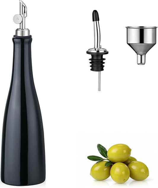 YOLIFE Olive Oil Dispenser Bottle, 20oz Ceramic Oil Dispenser for Kitchen, Oil Bottle with Gravity Spout, Leak Proof EVOO Dispensing Bottle with 2 Spouts and 1 Funnel for Vinegar, Juice(Black)