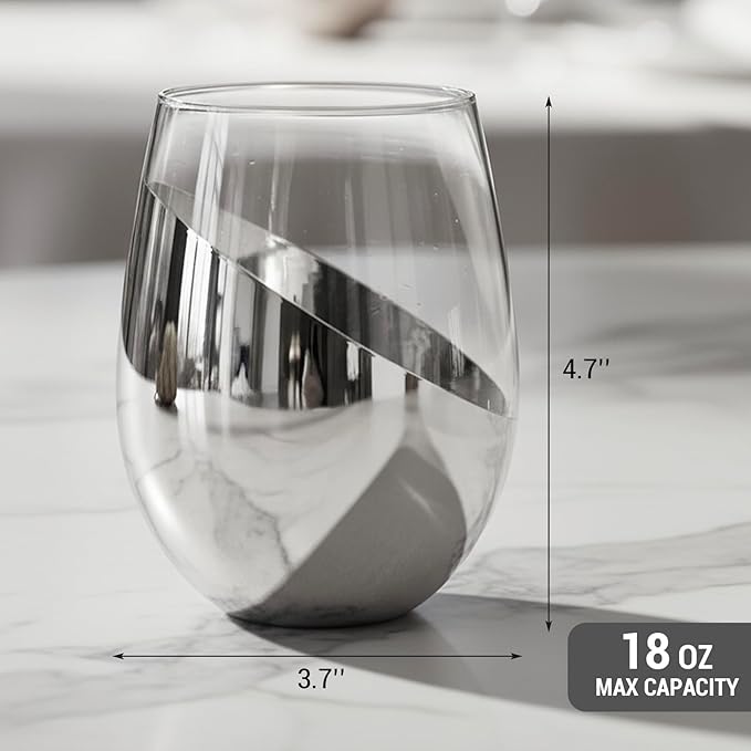 MyGift Modern Stemless Wine Glass Set of 6, White or Red Wine Glasses with Silver Metallic Bottom Angled Design