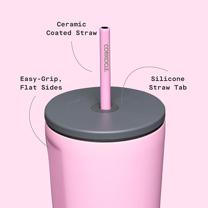 Corkcicle Cold Cup Insulated Tumbler with Straw - Keeps Drinks Cold for 12 Hours - Triple-Insulated Stainless Steel - Leak-Resistant Lid - Summer Drinkware Gift - 24 oz - Sun-Soaked Pink