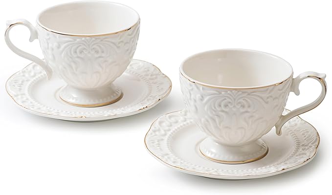 Cups and Saucers Tea Cups Set of 2, Ceramic Coffee Cups with Floral Embossed Design, 200ml (7 oz) Tea Cups and Saucers Porcelain Mugs for Birthday Party Cafe Home Gift