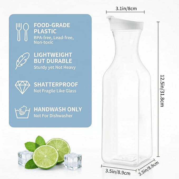 YOUEON 8 Pack 50 Oz Plastic Water Carafe with Lid and Label, Clear Water Drink Containers, Juice Carafe Pitcher Bulk for Water, Juice, Iced Tea, Soda, Lemonade and Other Beverages