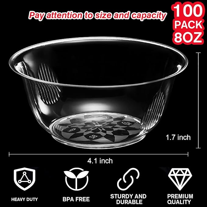 100 Pack Small Clear Plastic Bowls, 8oz Hard Disposable Salad Bowls, Disposable Bowl for Party Serving, Ice Creams, Desserts, Catering, Special Events
