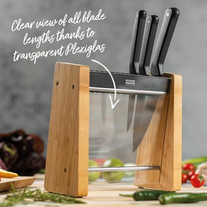 KUHN RIKON ICED Knife Block, Modern Knife Storage, Bamboo and Clear Panels, Removable Top Insert, Space Saving Countertop Knife Block