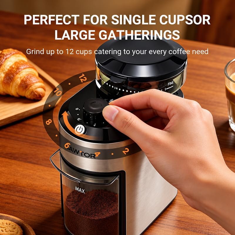 Electric Burr Coffee Grinder with 28 Precise Grind Settings, 2-12 Cup Auto-Stop, Flat Burr Coffee Bean Grinder for French Press, Espresso & Drip Coffee, Professional Coffee Machine for Home Use
