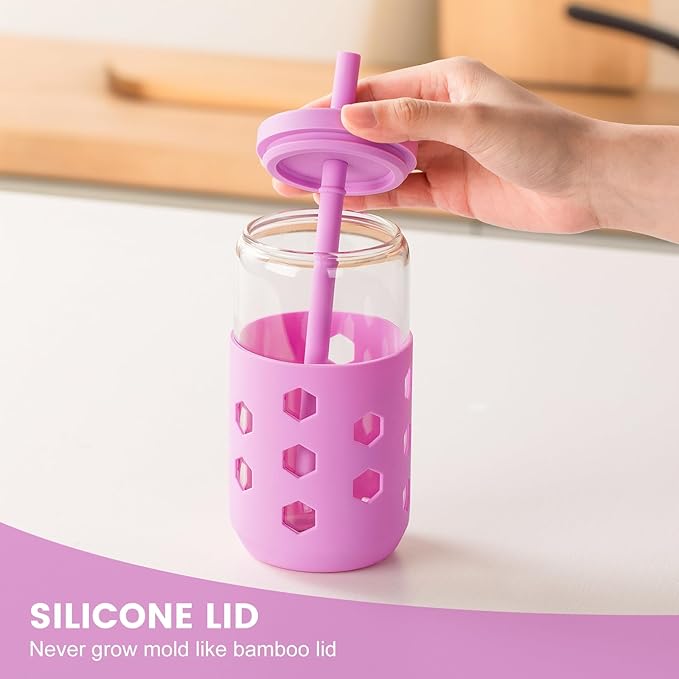 Glass Cups with Lids and Straws (4 Pack), 16oz Drinking Glasses Set with Silicone Sleeves for Coffee Bar Accessories Iced Coffee Cups with Lids, Glass Tumbler Reusable for Gifts