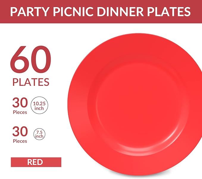 POSATE Plastic Plates Disposable 60 PCS, Heavy Duty 30 Dinner Plates 10.25" and 30 Dessert Plates 7.5" for Party, Red