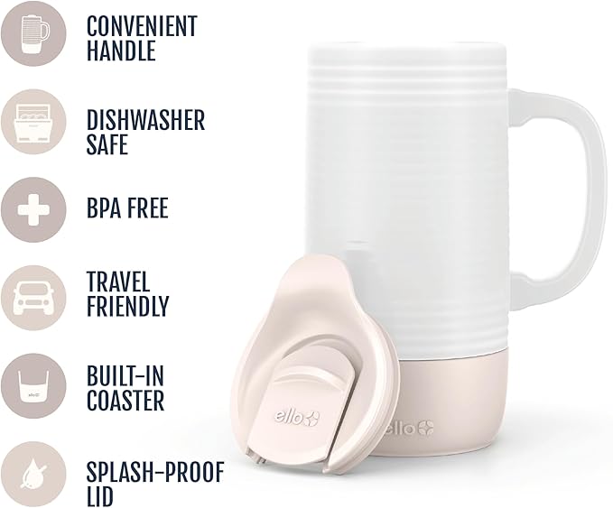 Ello Jane 18oz Ceramic Travel Mug with Handle, Splash-Resistant Slider Lid and Built-in Coaster, Perfect for Coffee and Tea, BPA Free, Dishwasher Safe, Gift for Him Her Mother's Day Birthday, Sandbar