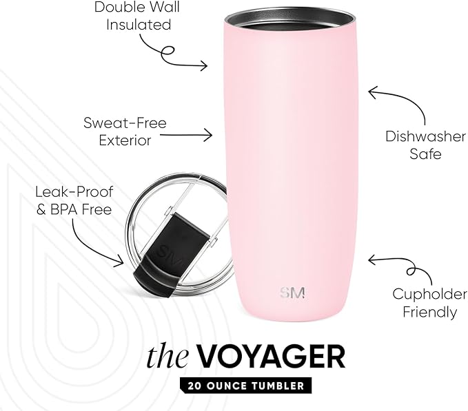 Simple Modern Voyager Tumbler with Flip Lid | Travel Coffee Mug | Insulated Stainless Steel Cold Brew Iced or Hot Coffee Cup | Gifts for Women Men Her Him | 20oz, Blush
