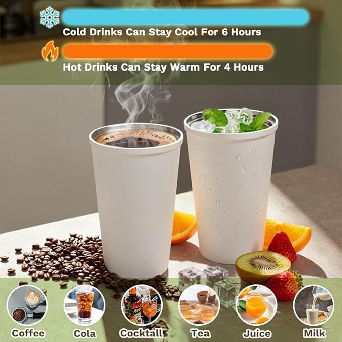 Travel coffee mugs leak-proof, reusable coffee cup with lid, stainless steel vacuum insulated coffee tumblers, thermal insulation cups for men & women keep drinks hot & cold (6th-White, 12OZ)